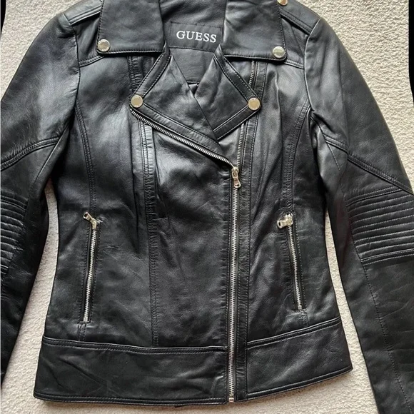 Guess Moto Black Leather Jacket with Asymmetrical Zipper Gold Ascents Size S/M - Picture 6 of 13